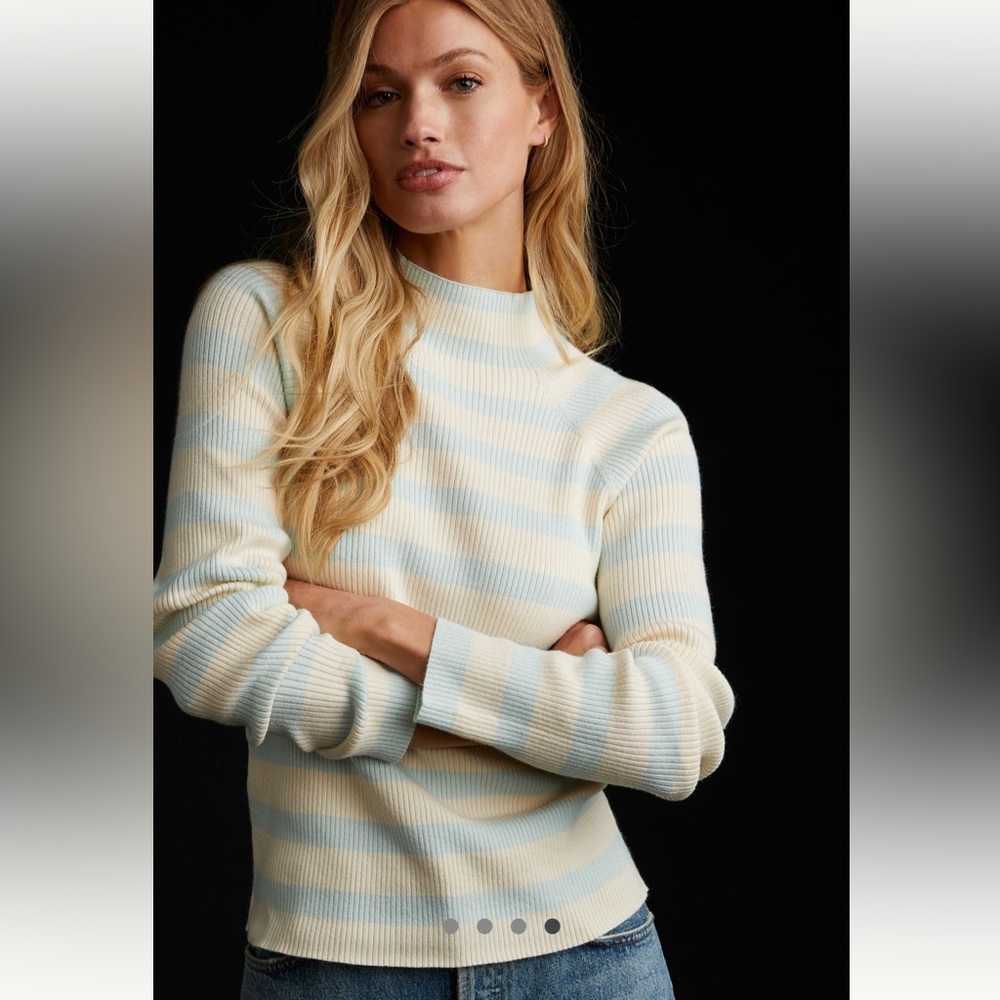 Maeve Anthropologie Size XS Mockneck Ribbed Striped Sweater Ivory Pale Teal EUC